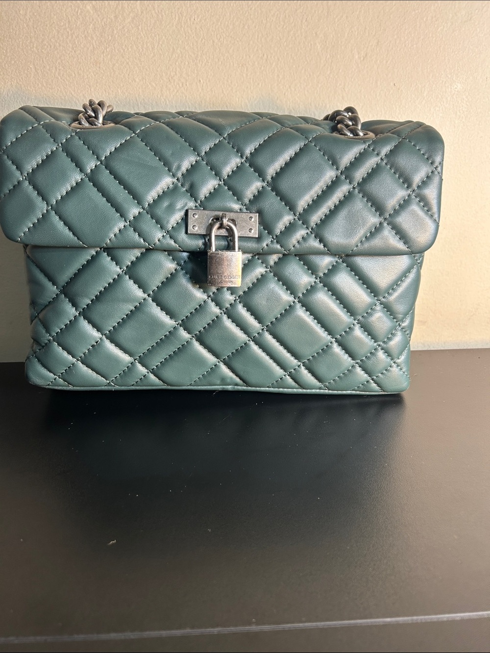 Kurt Geiger Brixton Quilted TEAL Leather Shoulder Bag with Lock.